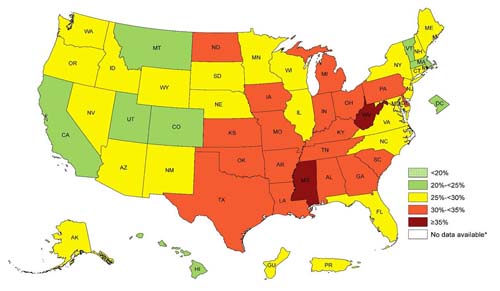 CDC obesity trends map 2013